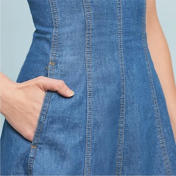 Anthropologie PILCRO Denim Midi Dress Fit N’ Flare Pockets Fitted  Size 6 - Picture 3 of 12